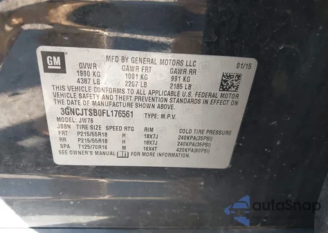 2015 Chevrolet Trax Ltz z USA, uszkodzony, nr VIN 3GNCJTSB0FL176561